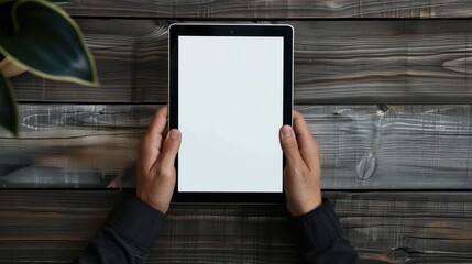Showcase the versatility of tablets for entertainment and media consumption with a digitally rendered image of hands holding a tablet with a white screen