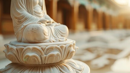 A close up of a marble statue of Buddha sitting on a lotus flower. The statue is in a state of meditation and is surrounded by a soft light.