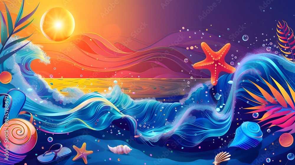 Poster summer background and banner with water, splash and waves in vector abstract shape.