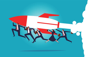 Launch, launch, take off, start a new project, a new business or a new career, rapid growth or development, the business team carries the rockets together in synchronized take offs