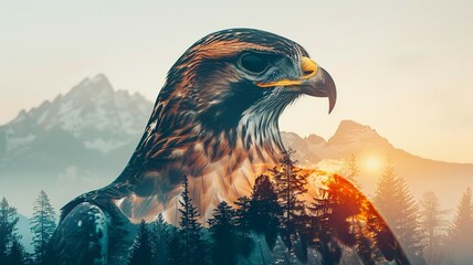 Double exposure of a majestic eagle with towering mountains and a misty forest at sunrise, blending nature's beauty and wildlife. - Powered by Adobe