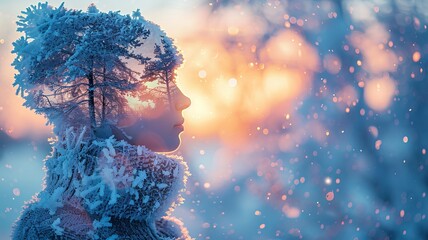 Double exposure of a person in a winter setting with an overlay of a tree, capturing the serene beauty of nature and the human spirit.