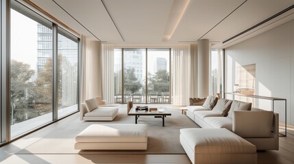 Fototapeta premium A contemporary living room with a minimalist design featuring clean lines a neutral color palette and floor-to-ceiling windows that flood