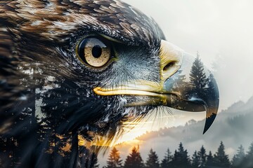 Double exposure of majestic eagle and serene forest landscape symbolizes strength and nature's beauty during a picturesque sunset.