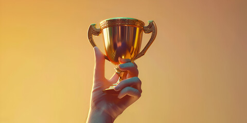 Close up of male hand holding trophy cup on yellow background. 
