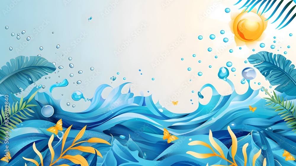 Poster summer background and banner with water, splash and waves in vector abstract shape.