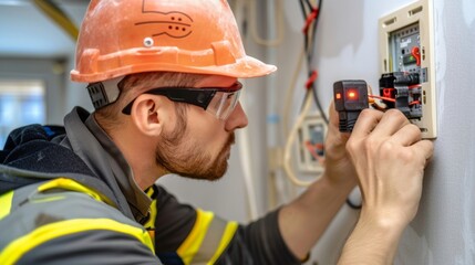 An electrician using a laser level to ensure that all electrical sockets and switches are aligned perfectly on a wall.