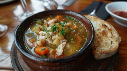 Chicken and vegetable soup served with a side of crunchy bread