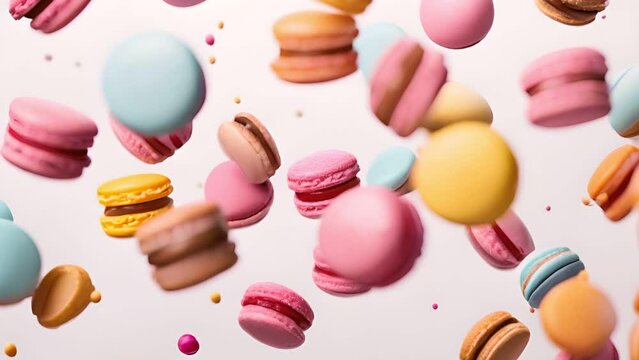 Colorful macarons flying on the air with among the crumbs isolated on white background
