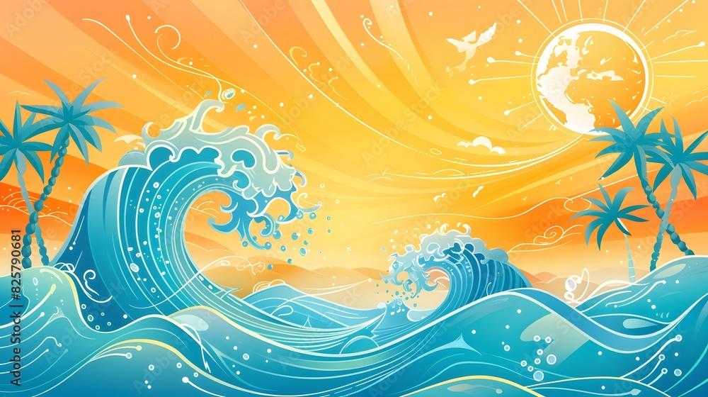 Poster summer background and banner with water, splash and waves in vector abstract shape.