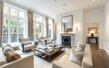 A photograph of the interior design of an apartment in London, showcasing classic French style with...