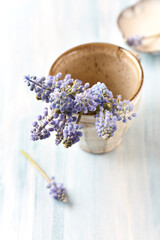 Obraz na płótnie Canvas Purple flowers on bright wooden background. Close up. Copy space.