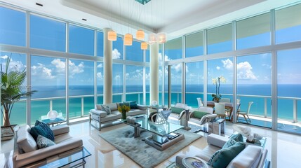 A luxurious living room in a high-rise with panoramic floor-to-ceiling windows that offer sweeping views of