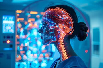 High-tech visualization of human brain and spinal cord with glowing neural connections highlighted against a medical lab background.