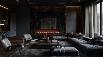 A luxurious living room with a dramatic dark color scheme featuring deep plush furniture a black marble fireplace and subtle ambient lighting that creates a cozy intimate atmosphere.