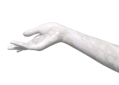 High detail 3D render of the white marble female hand sculpture. Antique marble statue of hand, isolated on white background. 3D illustration.