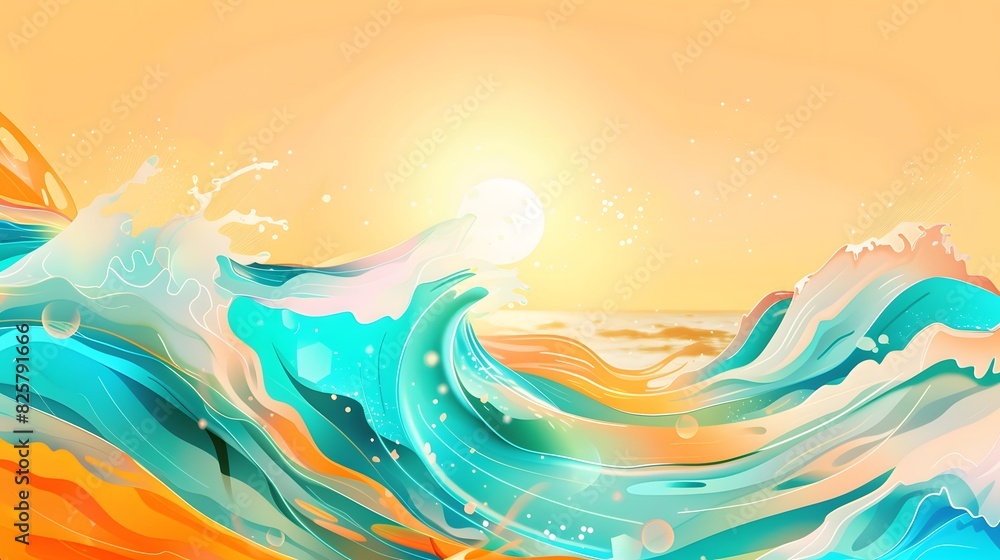 Poster summer background and banner with water, splash and waves in vector abstract shape.