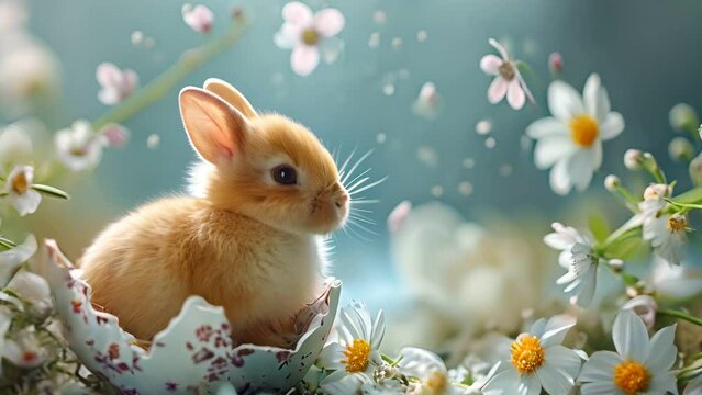 Baby rabbit in egg shell with easter egg and spring flower in nature background
