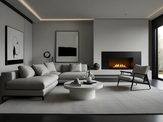 Minimalist living room with clean lines and a monochromatic color scheme, generative AI