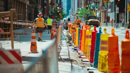 Obraz premium Vibrant signs and colorful barriers line the sidewalks as pedestrians navigate through the construction zone.