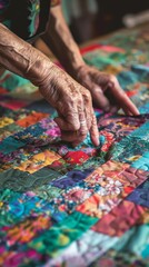 A woman is sewing a patchwork quilt generated by AI