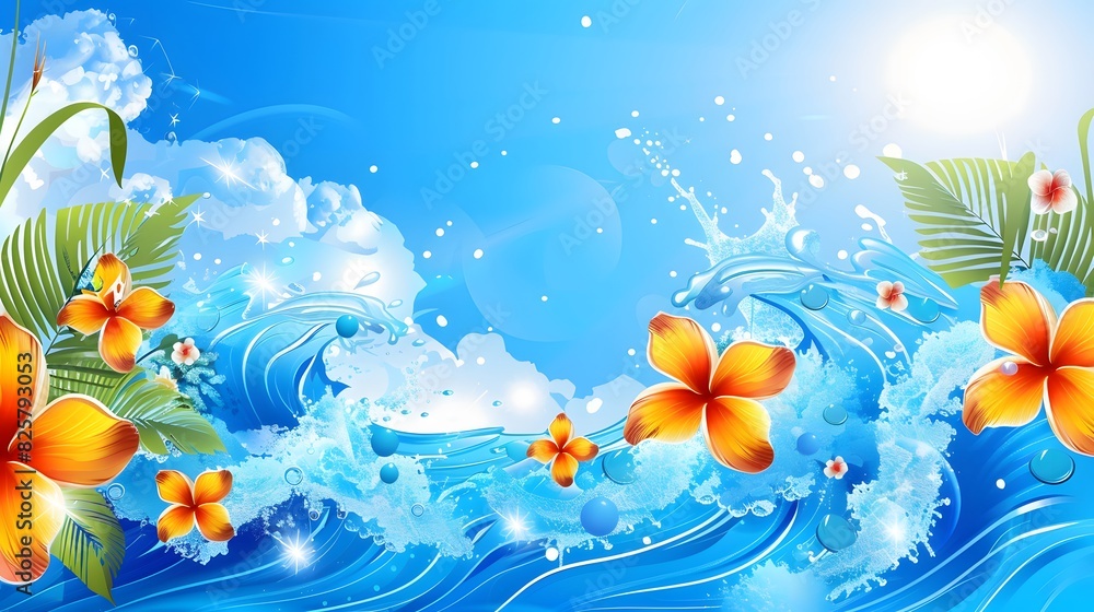 Poster summer background and banner with water, splash and waves in vector abstract shape.