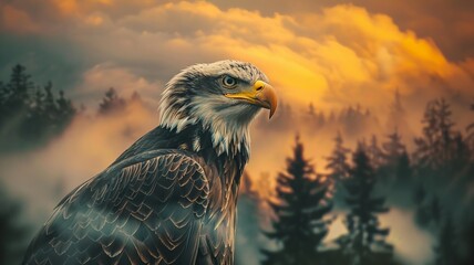 Majestic eagle perched in misty forest with dramatic sunset sky. Serene and powerful wildlife scene.