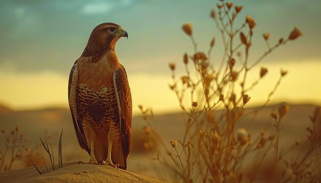 Majestic falcon perched on a desert rock during sunset, with wild vegetation in the background under a serene sky.