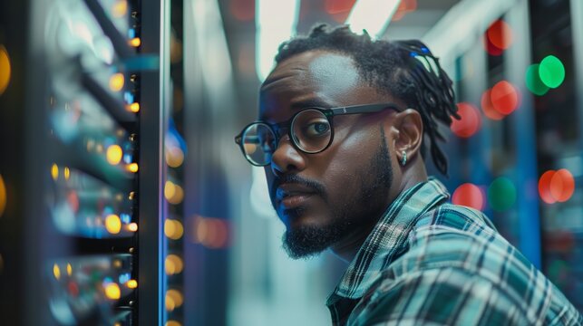 System admin in glasses standing in front of server