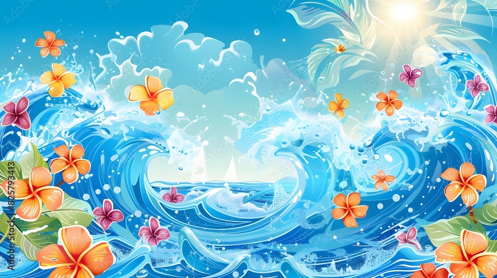Poster summer background and banner with water, splash and waves in vector abstract shape.