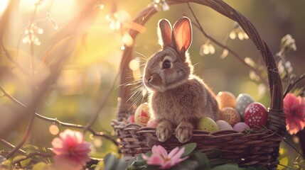 Easter themed photo of a bunny in a basket with eggs and flowers in the sunshine