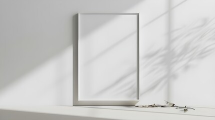 A white wall mockup with a white rectangular vertical frame hanging on it 