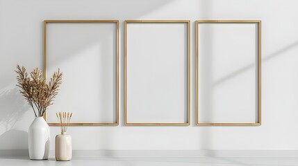 A white wall mockup with a white rectangular vertical frame hanging on it 