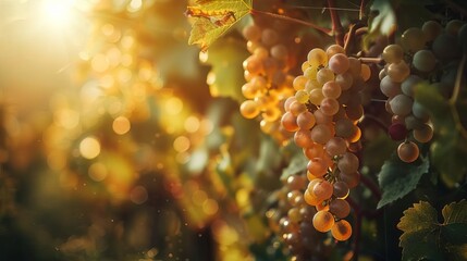 Vineyard grapes hanging from lush green vines, golden sunlight filtering through leaves, serene and picturesque landscape, highresolution agricultural photography, Close up