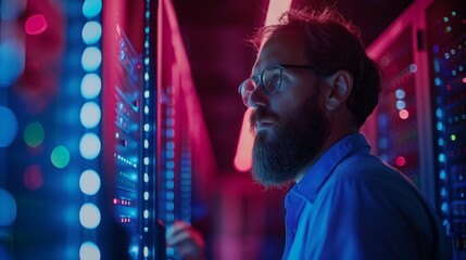 A man is standing in front of a server in a server room