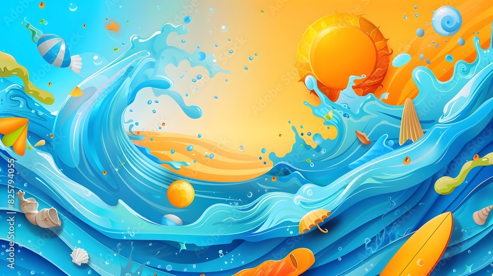 Poster summer background and banner with water, splash and waves in vector abstract shape.