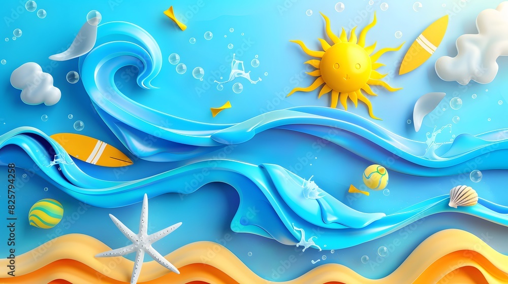 Poster summer background and banner with water, splash and waves in vector abstract shape.