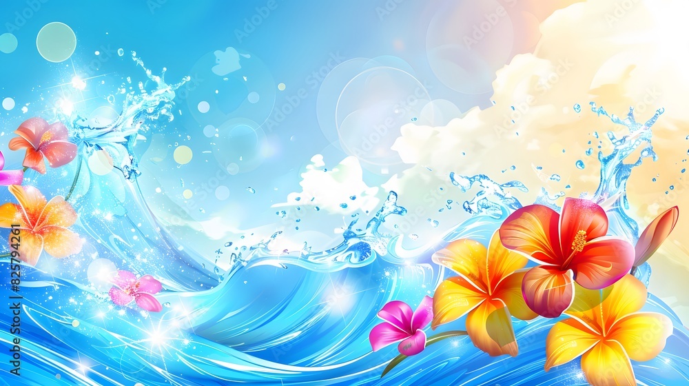 Poster summer background and banner with water, splash and waves in vector abstract shape.