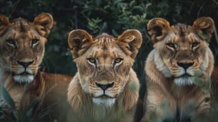 Wildlife safari with a pride of lions resting, detailed closeup of their faces, lush green landscape, raw and powerful atmosphere, highresolution animal photography, Close up