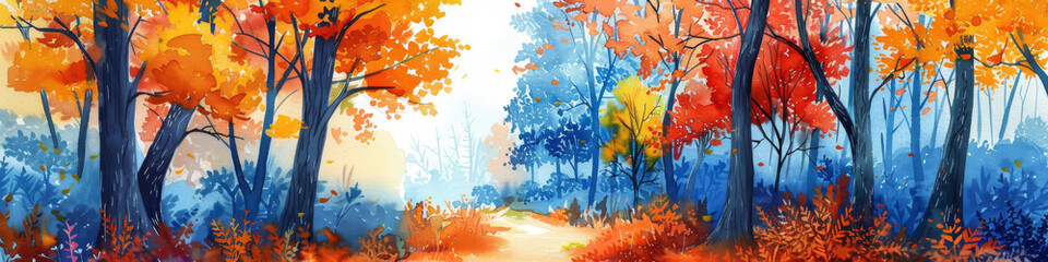 Vibrant Autumn Forest Path with Colorful Red, Orange, and Blue Foliage and Trees
