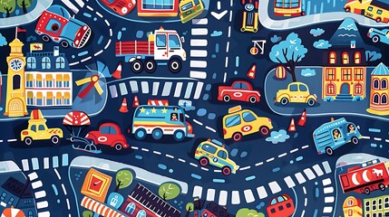 Obraz premium Colorful Blanket Design for Boys with Vehicle Patterns Including Racing Car, Monster Truck, Helicopter, Ambulance, Police Car, Taxi, and Tractor on Road | Kid's Room Decor