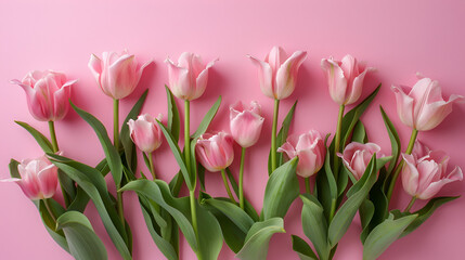 Fototapeta premium Beautiful composition of spring flowers tulip Bouquet on a pink background, generative Ai
