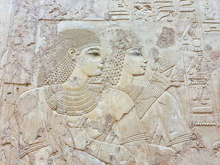 Exquisite wall relief of the noble man Ramose and his wife Merit-Ptah in amarna style in the Tomb...