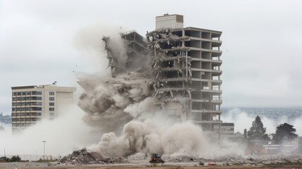 Fototapeta premium In a dramatic shot the buildings facade collapses in a cloud of dust marking a major milestone in the demolition process.