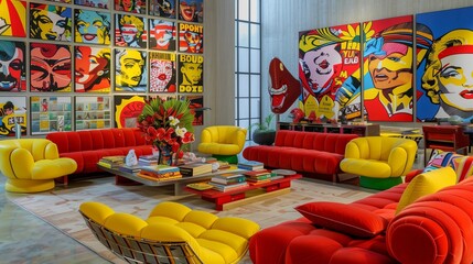 A contemporary living room with a vibrant pop art