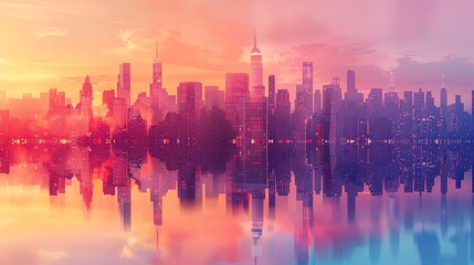 A stunning futuristic skyline over a body of water, with colorful reflections and a ship, under a vibrant sunset sky.