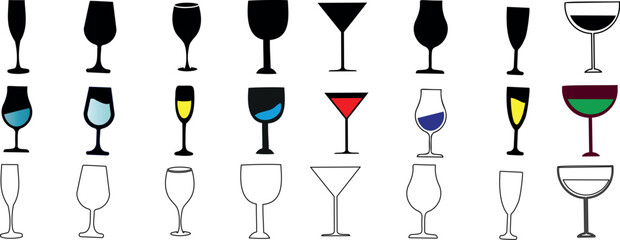 wine glass vector set, glassware collection, colorful cocktail beverages, sophisticated design, wine and party celebration essentials