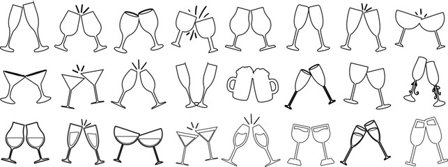 line art of diverse drinkware collection, wineglass, champagne flute, beer mug, cocktail glass, elegant silhouette, varied shapes