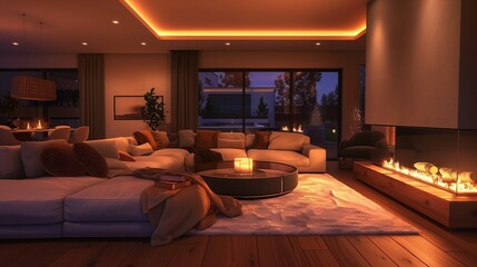 A contemporary living room with a focus on comfort featuring a large sectional sofa a cozy fireplace and soft ambient lighting that creates a warm and inviting atmosphere.