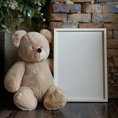 Frame mockup, empty picture frame for poster with cute teddy bear background, 3D render